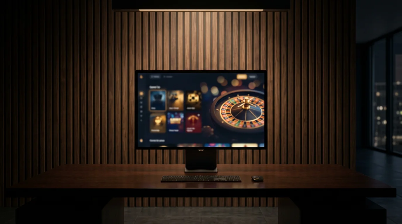 Ilustrace herního lobby online kasina na širokoúhlém monitoru v potemnělém moderním interiéru.